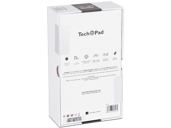 Tablet TechPad 3GR:
Red Inalámbrica 3G,
Procesador Quad Core (1.30 GHz),
Memoria RAM de 1GB , Almacenamiento de 16GB,
Pantalla Multi-Touch de 7