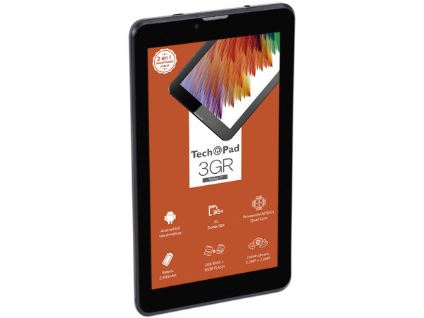 Tablet TechPad 3GR:
Red Inalámbrica 3G,
Procesador Quad Core (1.30 GHz),
Memoria RAM de 1GB , Almacenamiento de 16GB,
Pantalla Multi-Touch de 7
