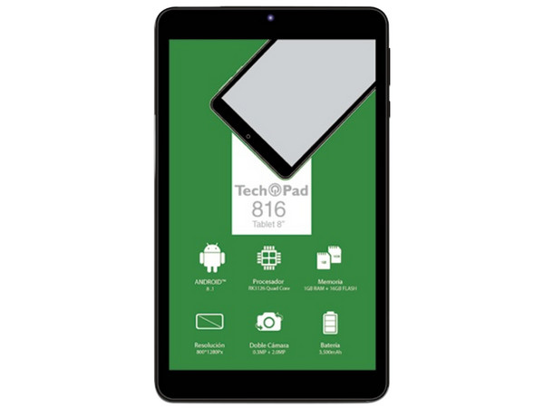 Tablet TechPad 816:
Procesador RK3126C Quad Core,
Memoria de 1GB, Almacenamiento de 16GB,
Pantalla LED de 8