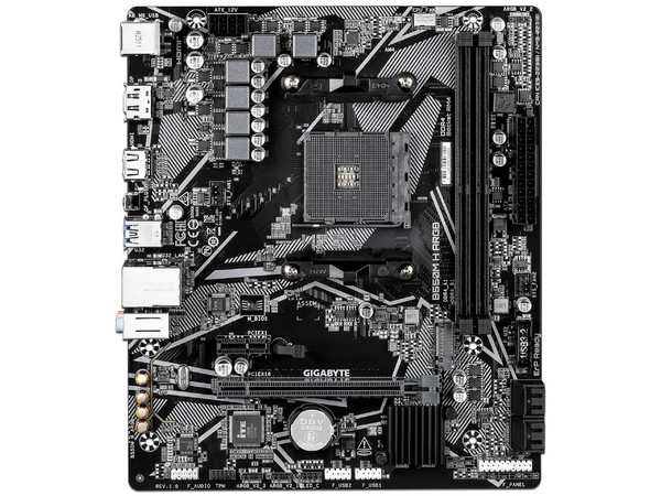 T. Madre Gigabyte B550M H ARGB, 
Segmento: General, Chipset AMD B550,
Soporta: Procesador AMD Ryzen 3a Gen, Socket AM4,
Memoria: DDR4 5100/3866(OC)/2133MHz, 64GB Max,
Integrado: Audio HD, Red, USB 3.2, SATA 3.0, M.2,
Micro-ATX, Ptos: 1xPCIEx16 4.0