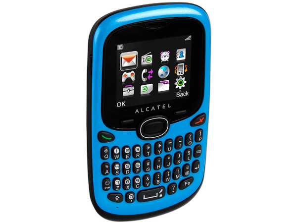 Celular Alcatel OT-255A, Tipo barra delgado con teclado QWERTY, Radio FM. Color azul. Región 4