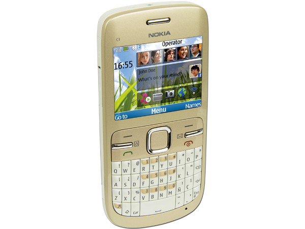 Celular Nokia C3 con teclado QWERTY, cámara de 2 MP y conexión Wi-Fi. Color Dorado. Región 4