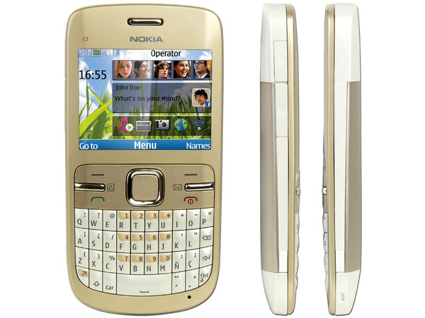 Celular Nokia C3 con teclado QWERTY, cámara de 2 MP y conexión Wi-Fi. Color Dorado. Región 4
