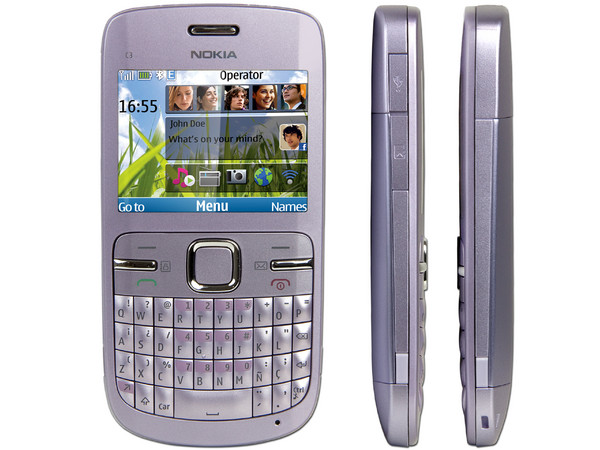Celular Nokia C3 con teclado QWERTY, cámara de 2 MP y conexión Wi-Fi. Color Lila. Región 4