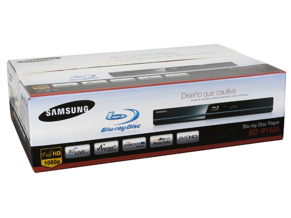 Reproductor Blu-ray Samsung Full HD 1080p, DVD escalable a 1080p, Dolby True-HD, Dolby Digital, dts HD, acabado en negro brillante.