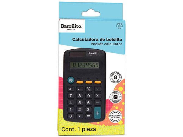 Calculadora de bolsillo Barrilito, 12 dígitos, Color Negro.