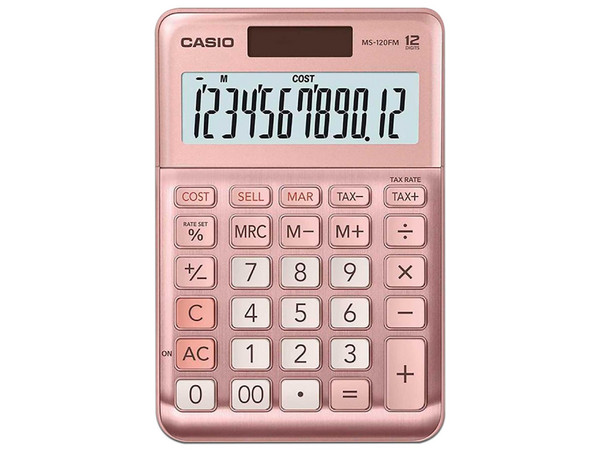 Calculadora de Escritorio Casio MS-120FM, 12 Dígitos, Calculo de Costo Venta y Margen, Color Rosa Metálico.