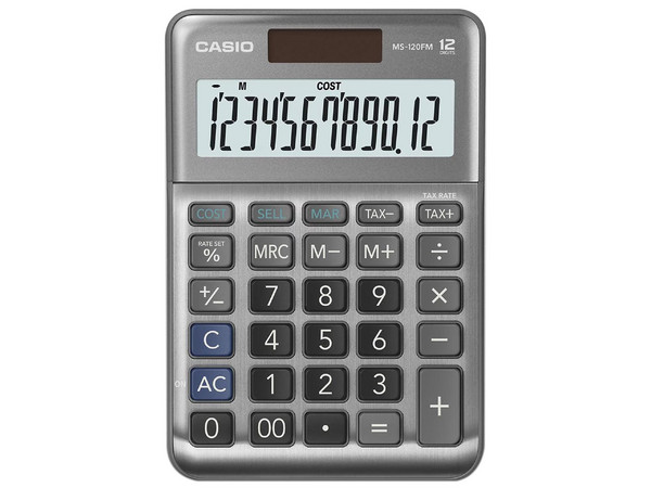 Calculadora de Escritorio Casio MS-120FM, 12 Dígitos, Calculo de Costo Venta y Margen, Color Gris Metálico.