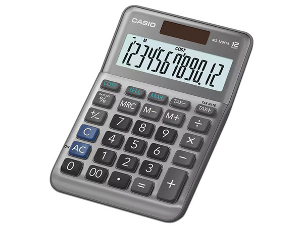 Calculadora de Escritorio Casio MS-120FM, 12 Dígitos, Calculo de Costo Venta y Margen, Color Gris Metálico.