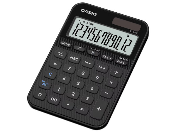 Calculadora de Bolsillo Casio MS-20YC-BK-W-MP, 12 Dígitos, Panel Solar. Color Negro.
