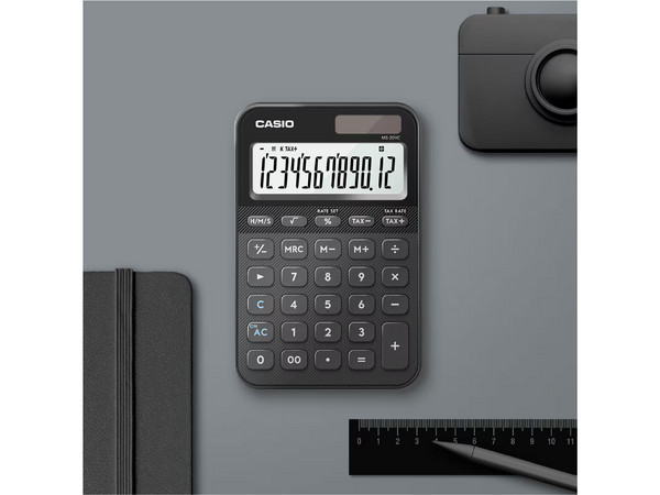 Calculadora de Bolsillo Casio MS-20YC-BK-W-MP, 12 Dígitos, Panel Solar. Color Negro.