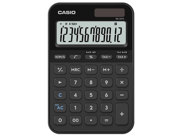 Calculadora de Bolsillo Casio MS-20YC-BK-W-MP, 12 Dígitos, Panel Solar. Color Negro.