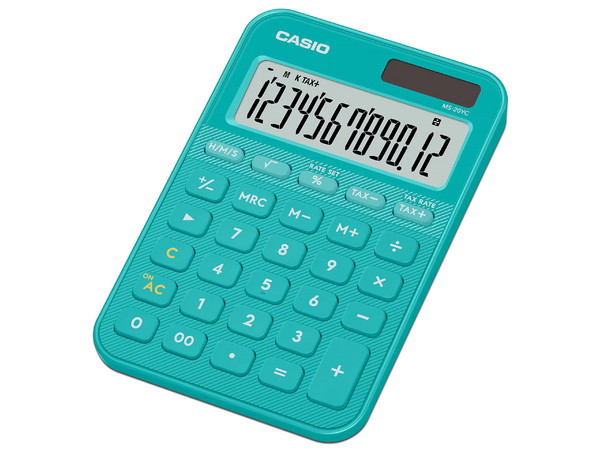 Calculadora de Bolsillo Casio MS-20YC-TU-W-MP, 12 Dígitos, Panel Solar. Color Turquesa.