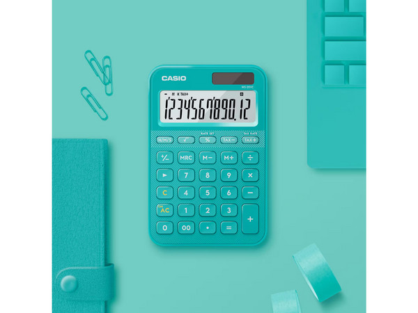 Calculadora de Bolsillo Casio MS-20YC-TU-W-MP, 12 Dígitos, Panel Solar. Color Turquesa.