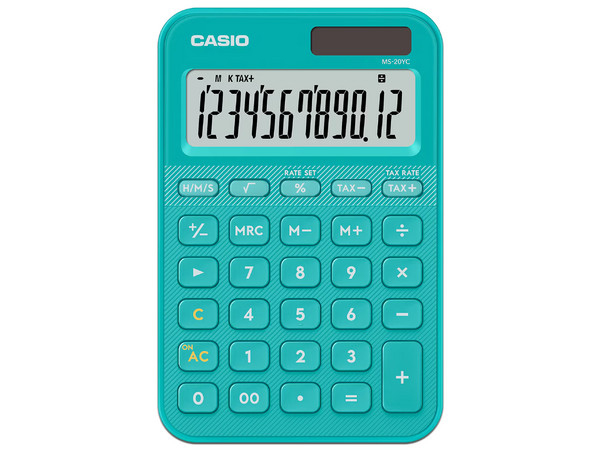 Calculadora de Bolsillo Casio MS-20YC-TU-W-MP, 12 Dígitos, Panel Solar. Color Turquesa.