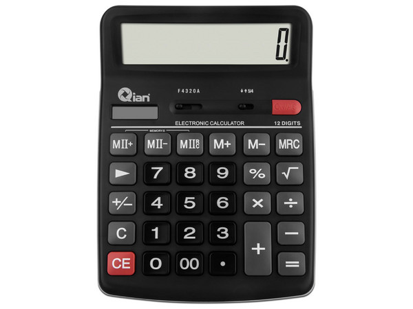 Calculadora Qian QYD-164EC-04, 12 Dígitos, Pantalla Inclinada, Batería Solar. Color Gris.