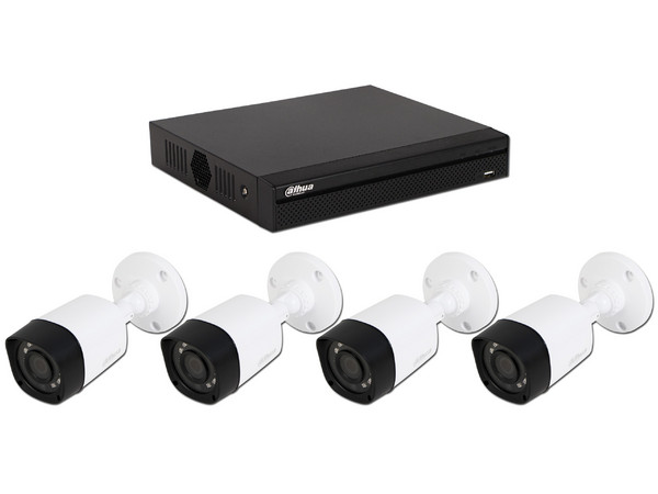 Kit de Seguridad Dahua con DVR XVR4104HSXKIT de 4 canales y 4 cámaras tipo Bala HFAW1000R28S3, IR hasta 20m, no incluye Disco duro.
