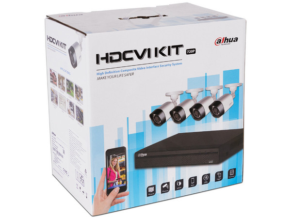 Kit de Seguridad Dahua con DVR XVR4104HSXKIT de 4 canales y 4 cámaras tipo Bala HFAW1000R28S3, IR hasta 20m, no incluye Disco duro.
