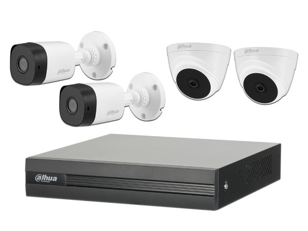 Kit de seguridad Pentahíbrido Dahua con DVR XVR1B04 de 4 canales, con 2 cámaras tipo Bullet COOPER B1A21, 2 cámaras tipo Domo, 4 cables DAHUA, no incluye Disco Duro.