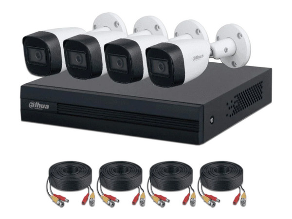 Kit de Videovigilancia Dahua con DVR de 4 canales, 4 Cámaras de 2MP (1920 x 1080), IR hasta 30m, Incluye Cables de conexión y Fuente de Alimentación.