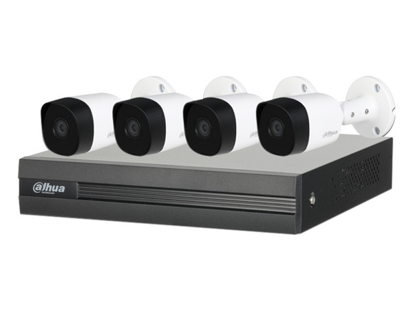 Kit de seguridad Dahua con DVR Penta-híbrido y 4 cámaras tipo bullet de 5MP, IR hasta 20m, no incluye disco duro.