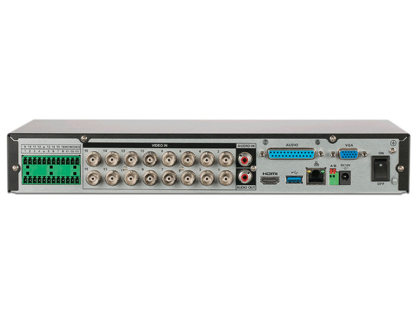 DVR Dahua DH-XVR5116HE-4KL-I3 de 16 Canales 4k y 16 Canales IP, 1 Bahías de Disco Duro (No Incluido), Codificación IA, Color Negro.