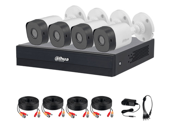 Kit de Videovigilancia Dahua DHI-KIT/XVR1B04-I/T/4-B1A11N-0280B, DVR DH-XVR1B04-I/T de 4 Canales 1080p Lite, H.265+, 4 Cámaras Tipo Bala DH-HAC-B1A11 de 1MP (720p), Lente de 2.8mm, IR de Hasta 20m.