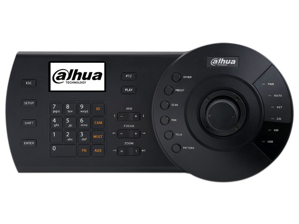 Teclado con Joystick Dahua NKB1000-E para cámaras PTZ (IP y análogas), DVR/NVR, doble interfaz de comunicación: Modo directo RS232 / RS485, Modo Red vía IP, Pantalla LCD (75.2mm x 33.85mm) color Negro.