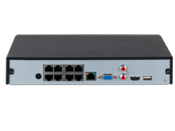 NVR Dahua NVR4108HS-8P-4KS3 de 8MP, 8 canales IP, 8 puertos PoE, 1 puerto SATA (No incluye disco duro).