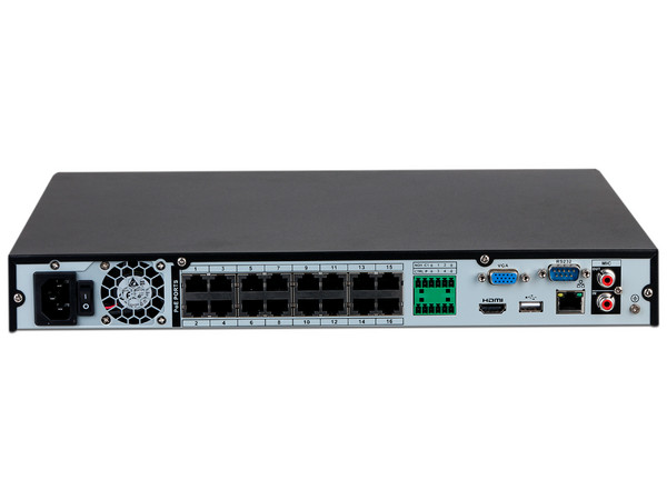 NVR Dahua DHI-NVR4216-16P-4KS3 de 16 canales 4K, 160Mbps, RJ45, H.265+, 16 Puertos PoE. Color negro.