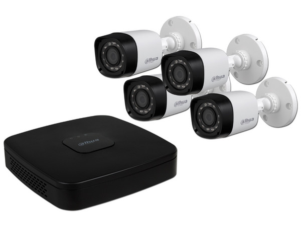 Kit de seguridad Dahua Trihibrido con DVR HCVR4104CNS3 de 4 canales y 4 cámaras tipo bullet HFAW1000RM28S3, IR hasta 20 Metros. No incluye Disco Duro.