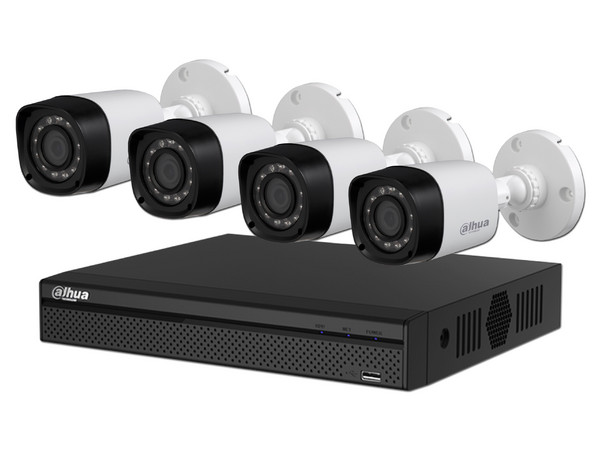 Kit de vigilancia Dahua HCVR5104HSS3KIT con 1 DVR de 4 canales, 4 cámaras IP, 4 rollos de cable siames y fuente de alimentación, no incluye disco duro.