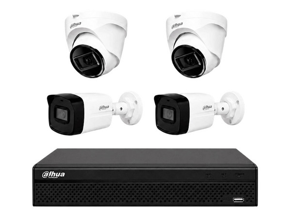 Kit de Videovigilancia Dahua NVR1104HS-P-S3/H+IPC-B1E20+ IPC-T1E20, Incluye DVR de 4 Canales IP, 2 Cámaras Tipo Bala Dahua de 2MP, 2 Cámaras Tipo Domo Dahua de 2MP.