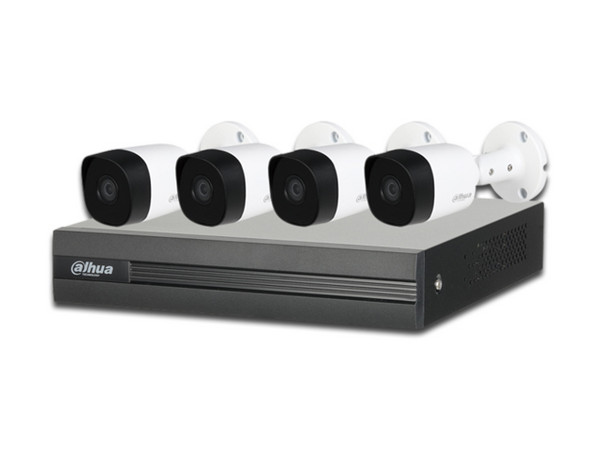 Kit de seguridad Dahua XVR1A044B2A11 con 1 DVR de 4 canales, 4 cámaras Dahua Cooper B1A11, 4 rollos de cable siamés, 1 fuente de poder. (No Incluye Disco Duro).