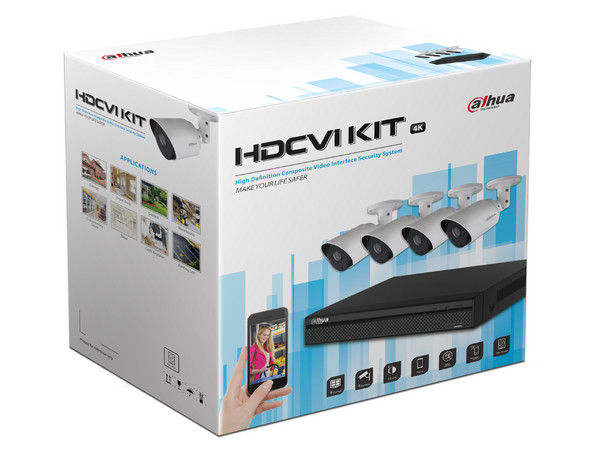 Kit de Vigilancia Dahua XVR5104HS4KLXKIT con DVR de 4 canales, 4 Cámaras HFAW1400T28, 4 Rollos de cable siames y fuente de alimentación, no incluye disco duro.