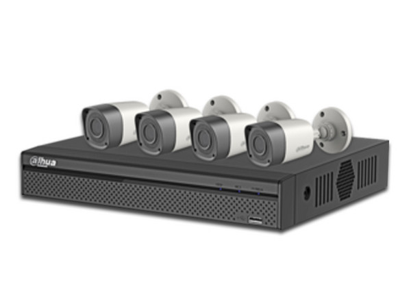 Kit de seguridad Dahua Pentahíbrido con DVR de 4 canales y 4 cámaras tipo Bala HFAW1200R36S3, IR hasta 20 Metros. No incluye Disco Duro.