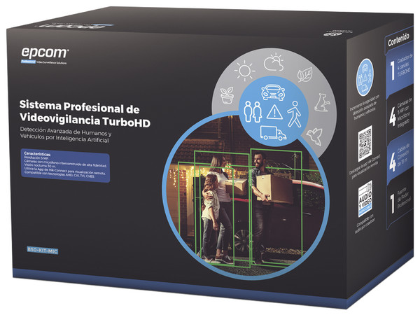 Kit de Videovigilancia Epcom B50-KIT-MIC, DVR de 8MP, 4 Canales y 2 Canal IP, Puerto SATA de hasta 10TB (Disco Duro No Incluido), 4 Cámaras tipo Bala de 5MP (2560 x 1944p), IR hasta 30m, Micrófono integrado, Fuente de Poder y 4 Cables siamés.
