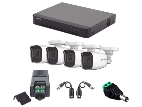 KIt de Videovogilancia Epcom KEVTX8T4BW/A TurboHD, DVR de 4 Canales, 4 Cámaras tipo Bala de 2MP (1920 x 1080p), Fuente de Poder, 4 Transceptores de hasta 200m, 4 Terminales de corriente de Jack 3.5mm.