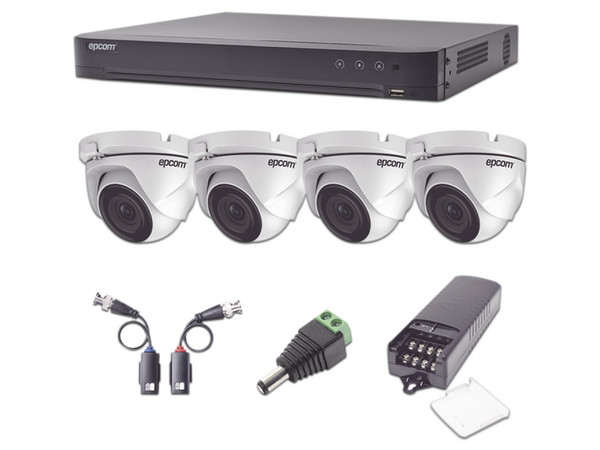 Kit de Vigilancia Epcom KEVTX8T4EW, DVR de 4 canales hasta 4MP, 4 Cámaras Eyeball de 2MP (1920 x 1080), Fuente de Poder Profesional, 4 transceptores y 4 conectores.