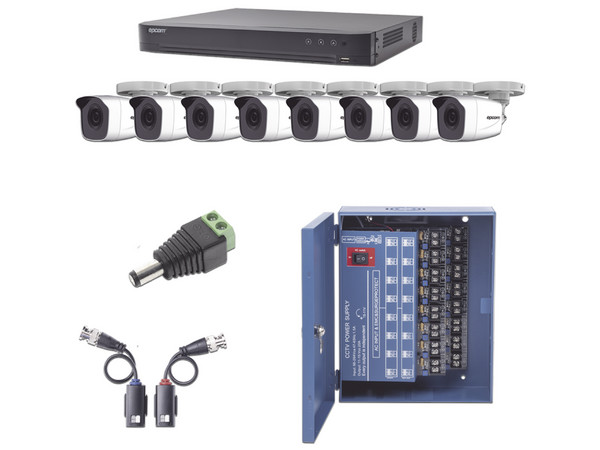 Kit de Videovigilancia EPCOM KEVTX8T8BW con DVR de 8 Canales de 4MP (2560 X 1440), 8 Cámaras Tipo Bala 1080p, 8 Transceptores, 8 Conectores y Fuente de Poder Profesional Hasta 15 Vcd.