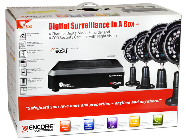 Sistema de Vigilancia Encore ENXDVR-4C grabador digital de 4 canales y 4 cámaras CCD con visión nocturna.