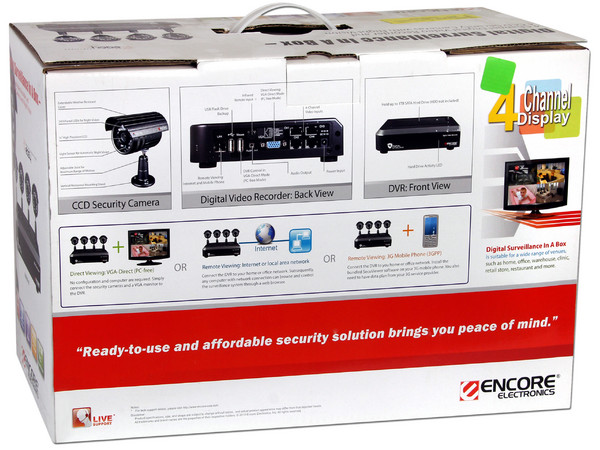 Sistema de Vigilancia Encore ENXDVR-4C grabador digital de 4 canales y 4 cámaras CCD con visión nocturna.