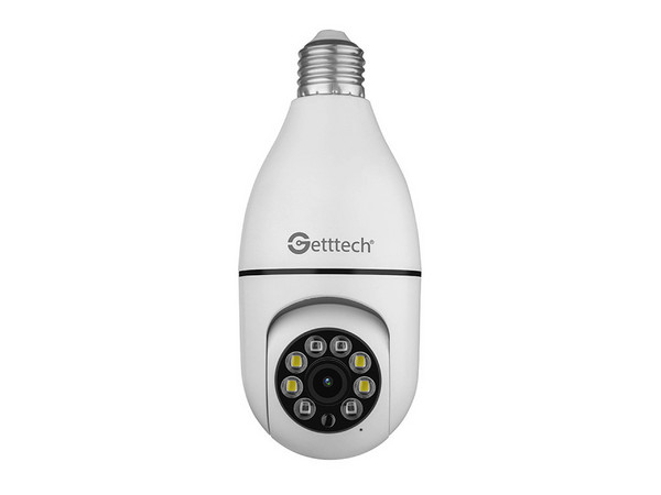 Cámara WiFi Getttech Tipo Bombilla, 2 MP, Color Blanca. Resolución Full HD 1920 x 1080 píxeles, Visión Nocturna, Ángulo de Rotación 355, Compatible con Android e iOS. Con Micrófono y Altavoces Incorporados.