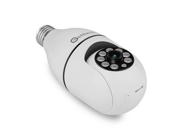 Cámara WiFi Getttech Tipo Bombilla, 2 MP, Color Blanca. Resolución Full HD 1920 x 1080 píxeles, Visión Nocturna, Ángulo de Rotación 355, Compatible con Android e iOS. Con Micrófono y Altavoces Incorporados.
