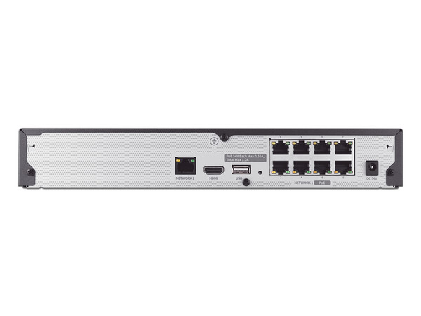 NVR Hanwha ARN-810S de 8 canales IP a 8 MP, H.265, 8 puertos PoE, P2P Wisenet, no incluye disco duro.