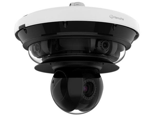 Cámara IP Multisensor Hanwha PNM-C34404RQPZ de 34MP, con lentes motorizados, PTZ 2 MP 40X, soporta hasta 2 tarjetas MicroSD de 512GB, WDR de hasta 150dB, IP66, IK10, Inteligencia artificial para eventos.