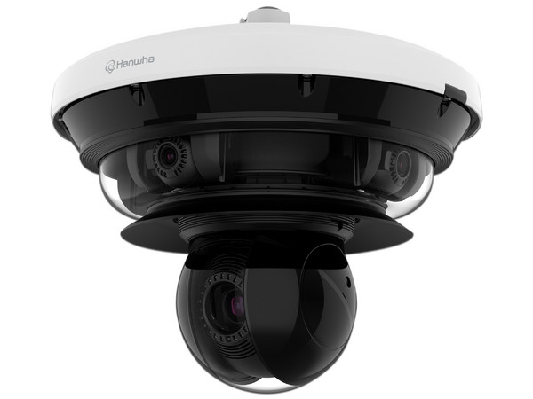 Cámara IP Multisensor Hanwha PNM-C34404RQPZ de 34MP, con lentes motorizados, PTZ 2 MP 40X, soporta hasta 2 tarjetas MicroSD de 512GB, WDR de hasta 150dB, IP66, IK10, Inteligencia artificial para eventos.