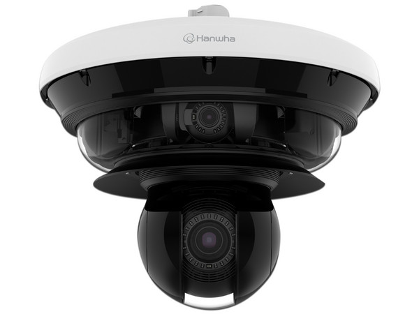 Cámara IP Multisensor Hanwha PNM-C34404RQPZ de 34MP, con lentes motorizados, PTZ 2 MP 40X, soporta hasta 2 tarjetas MicroSD de 512GB, WDR de hasta 150dB, IP66, IK10, Inteligencia artificial para eventos.