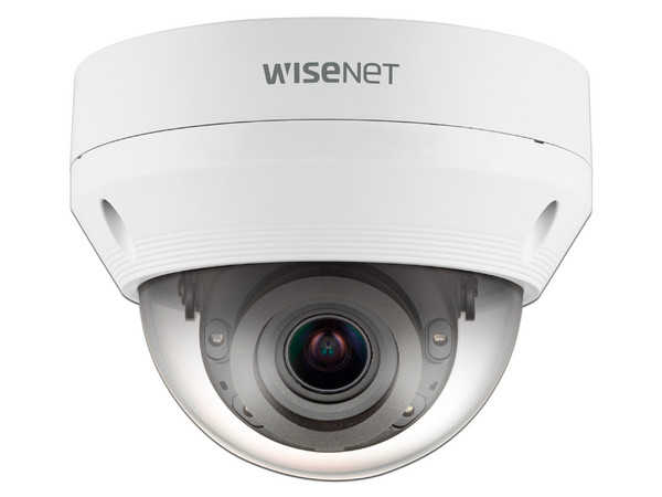 Cámara IP de vigilancia tipo Domo Hanwa Techwin America QNV-6082R, 2MP, IP66, IK10, IR hasta 30m, PoE, Ranura MicroSD. Color Blanco.