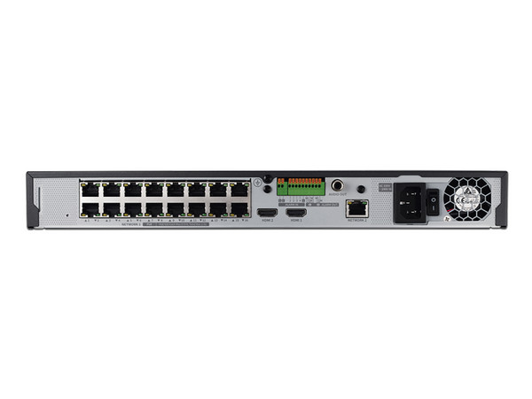 NVR Hanwha QRN-1630S de 8MP (3480 x 2160), 16 Canales, 16 puertos PoE, 2 puertos SATA de hasta 10TB (No incluye disco duro).